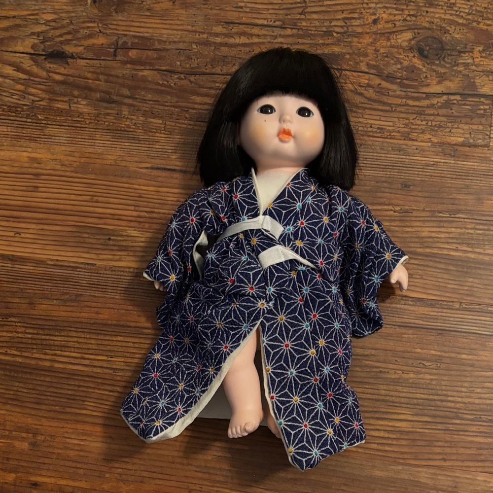 Vintage Japanese-Style Blue Patterned Kids Doll - Kimono
